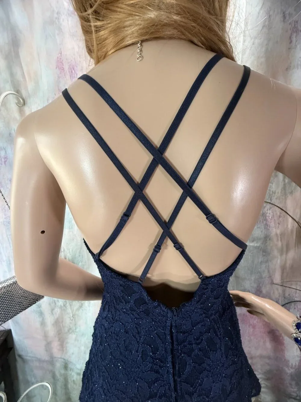 📌BCX Romantic Floral Lace Navy Blue w/Glitter Formal - Prom - Bridesmaid Dress - Picture 9 of 16
